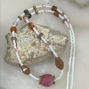22” Beaded Necklace with Pink and White Stone Accents